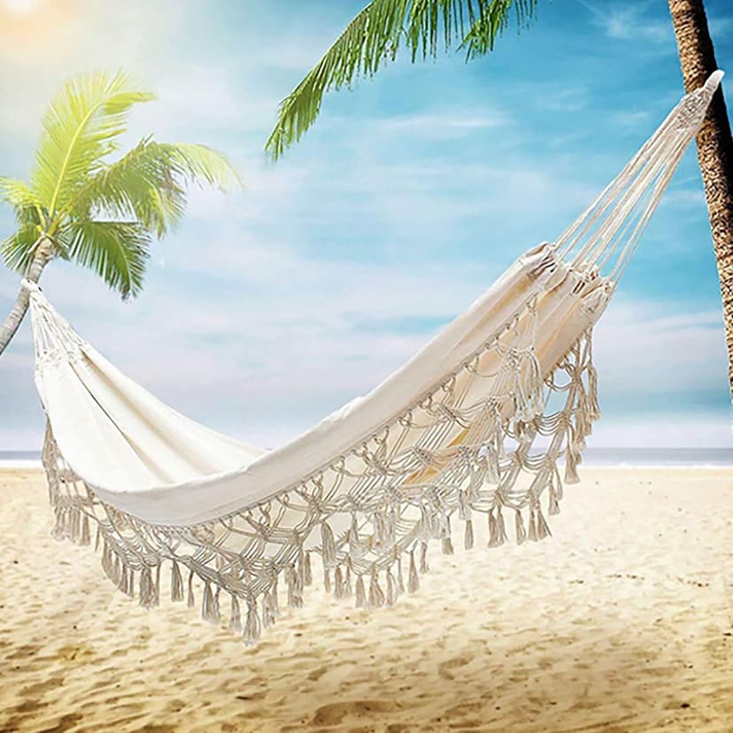 Xuanmuque Double Sized Boho Macrame Cream Hammock with Elegant Tassels and Fishtail Knitting 485Lbs Includes Tie Ropes and White Drawstring Bag for Women