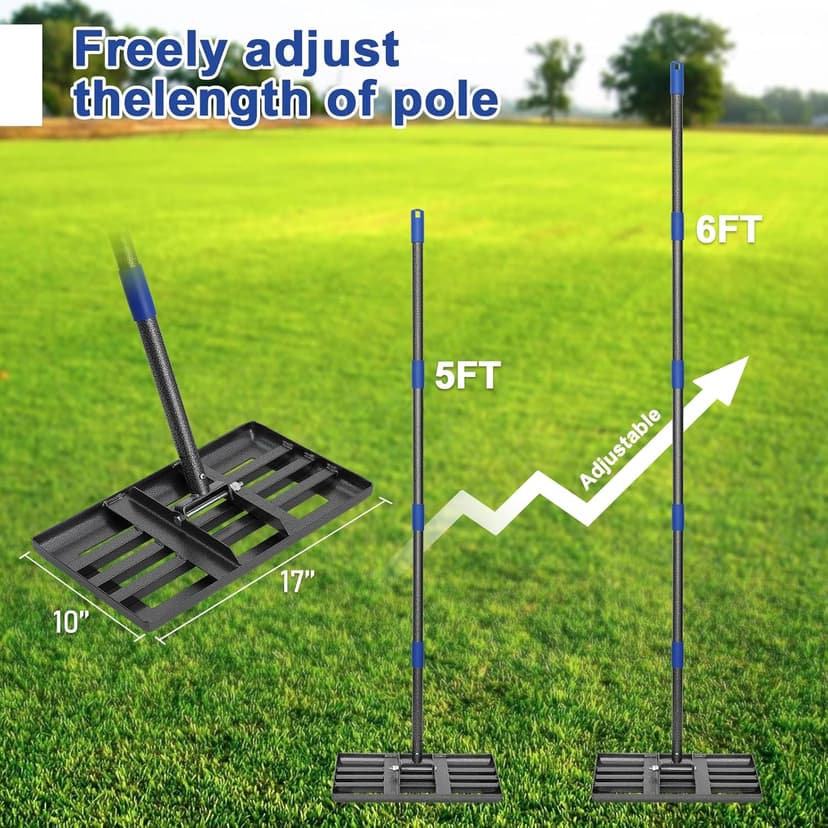 Heavy Duty Leveling Rake for Lawn, Yard & Soil - 5FT Stainless Steel Garden Tool, Rust-Proof Dirt Leveler for Turf, Golf & Football Fields