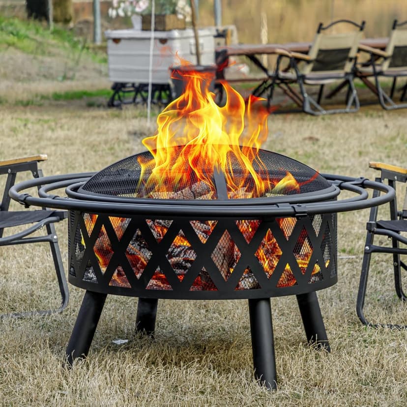 36 Inch Wood Burning Fire Pit with 2 Loops, Outdoor Fire Pit with Spark Screen & Fire Poker, Cross Weave Firepit for Outside Fireplace Bonfire for Yard,Patio, Garden…