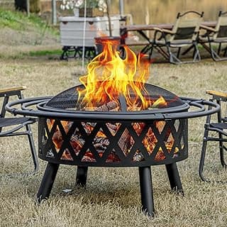 36 Inch Wood Burning Fire Pit with 2 Loops, Outdoor Fire Pit with Spark Screen & Fire Poker, Cross Weave Firepit for Outside Fireplace Bonfire for Yard,Patio, Garden…