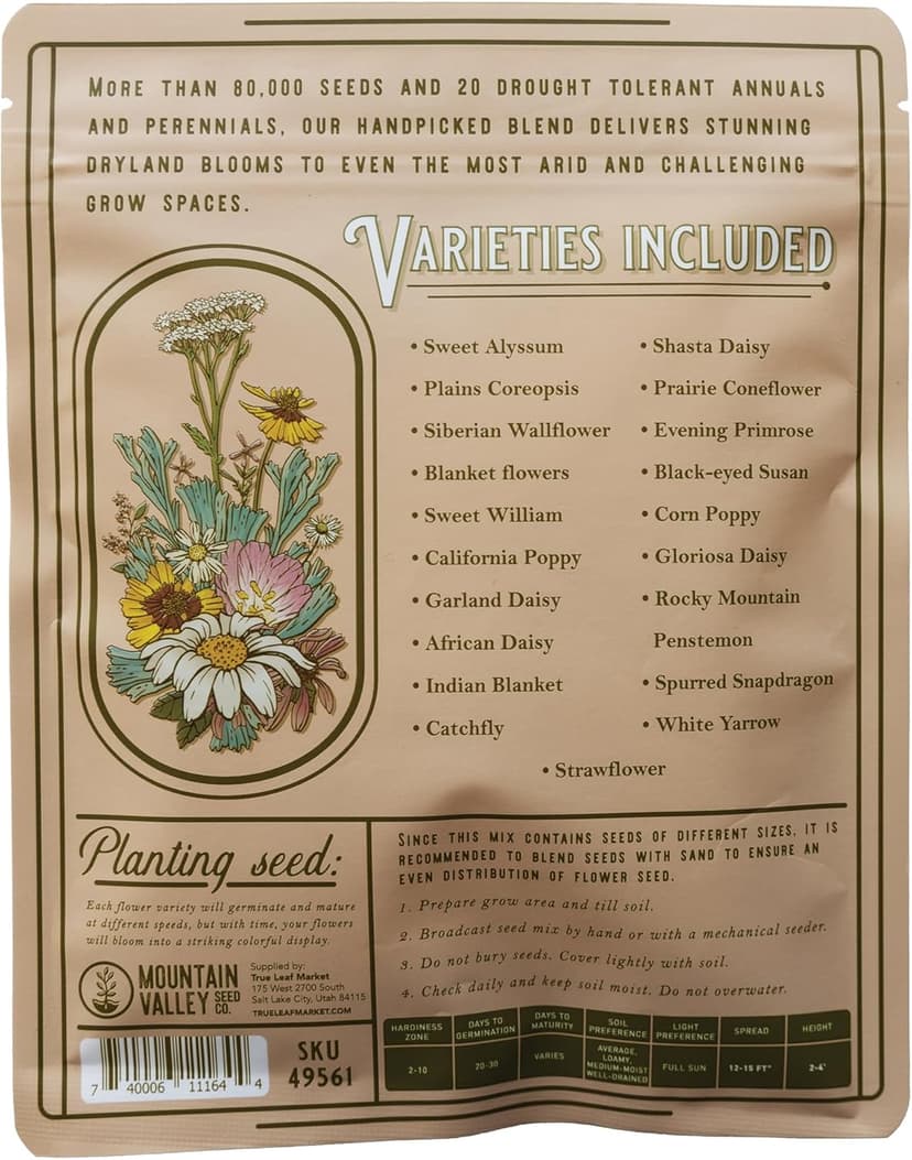 Wildflower Seeds Bulk, 2 Oz. 80,000+ Seeds, Drought-Tolerant Wildflower Mix, 20 Varieties of Drought-Tolerant Wildflower Seeds, Drought-Resistant Wildflower Seeds, Dryland Pollinators Flowers Seeds