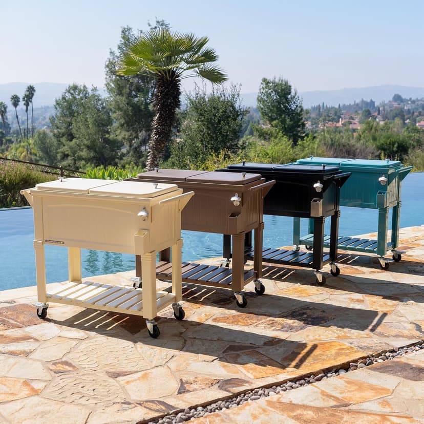 Permasteel 80-Qt Rolling Patio Cooler with Storage Shelf, Large Beverage Cart for Outdoor Entertaining, Backyard, Deck & Parties, Antique Teak Style, Taupe + Bonus Cover