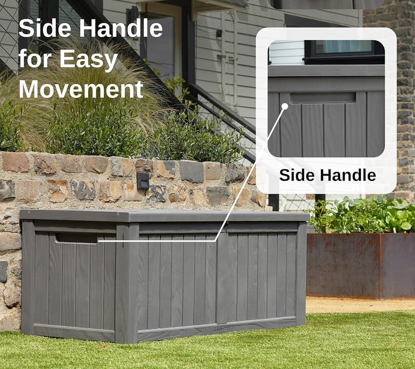 EAST OAK Outdoor Storage Box, 120 Gallon Deck Box with Stainless Steel Rods Large Resin Storage Bin for Patio Cushions, Garden Tools, Waterproof and UV Resistant, Lockable, outside storage, Grey