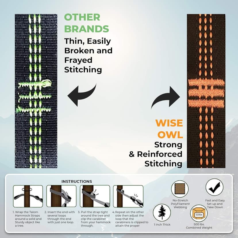 Wise Owl Outfitters Hammock Straps for Trees Heavy Duty - Set of Two 10ft Long, 1 Inch Thick Camping Hammock Tree Straps w/ 38 Loops & 2D Carabiners - Essential Hammock Accessories