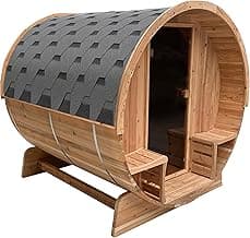 ALEKO Barrel Sauna | Personal Dry Wet Steam Sauna | Indoor Outdoor | Rustic Cedar Wood w/Front Porch Canopy | 3-4 Person Sauna | UL Certified 4.5 kW Harvia Heater