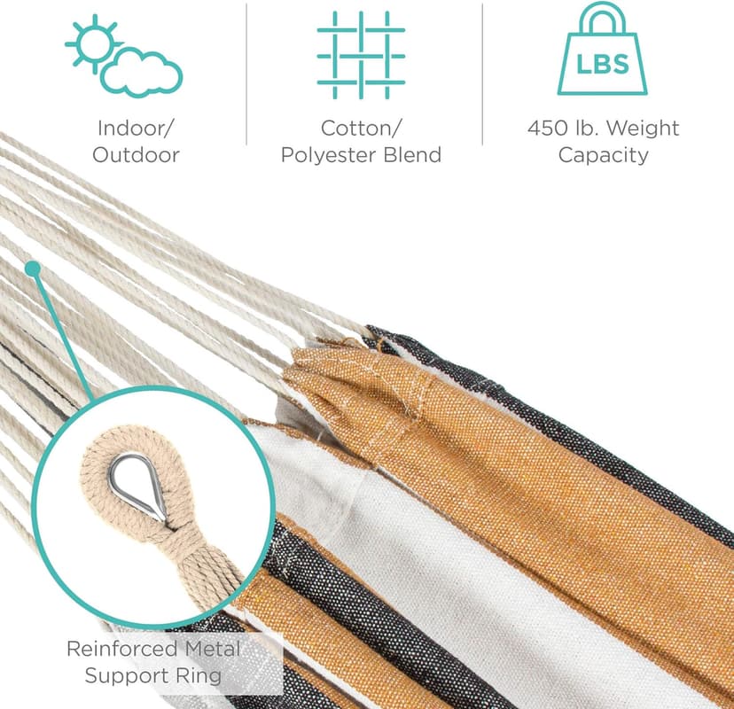 Best Choice Products Double Hammock with Steel Stand, Indoor Outdoor Brazilian-Style Cotton Bed w/Carrying Bag, 2-Person Capacity - Desert Stripes