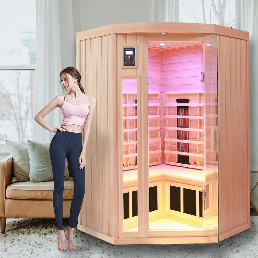 Ceramic Infrared Sauna 2-3 Person Far Infrared Saunas for Home Low EMF Indoor Home Sauna Hemlock Wooden Corner Sauna Room w/Bluetooth Speaker, LED Reading Lamp, Chromotherapy Light