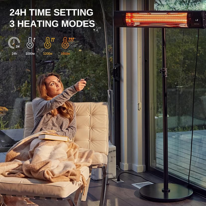 EAST OAK Electric Patio Heater, 1500W Wall Mounted & Standing Outdoor Indoor Infrared Electric Heater with IP65 Waterproof, Overheating Protection & Tip-over, 3 Heat Settings & 24H Timing