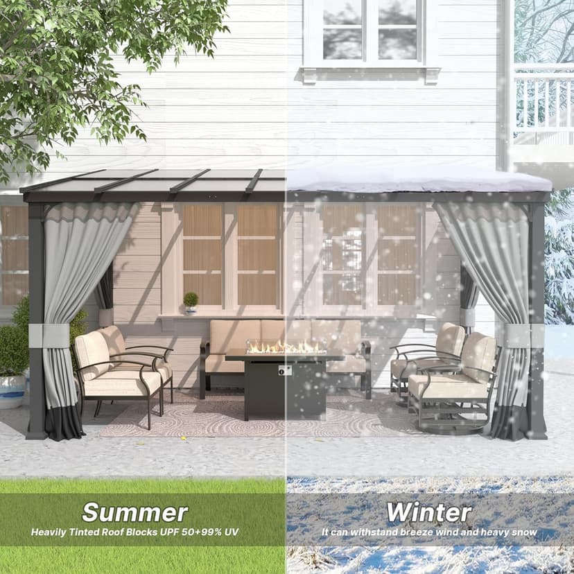 Gotland 10FTx12FT Outdoor Wall-Mounted Hardtop Pergola, Metal Frame Gazebo with Sloping Sun Panel Roof and Double Curtains for Patio, Garden, Lawn, Grey