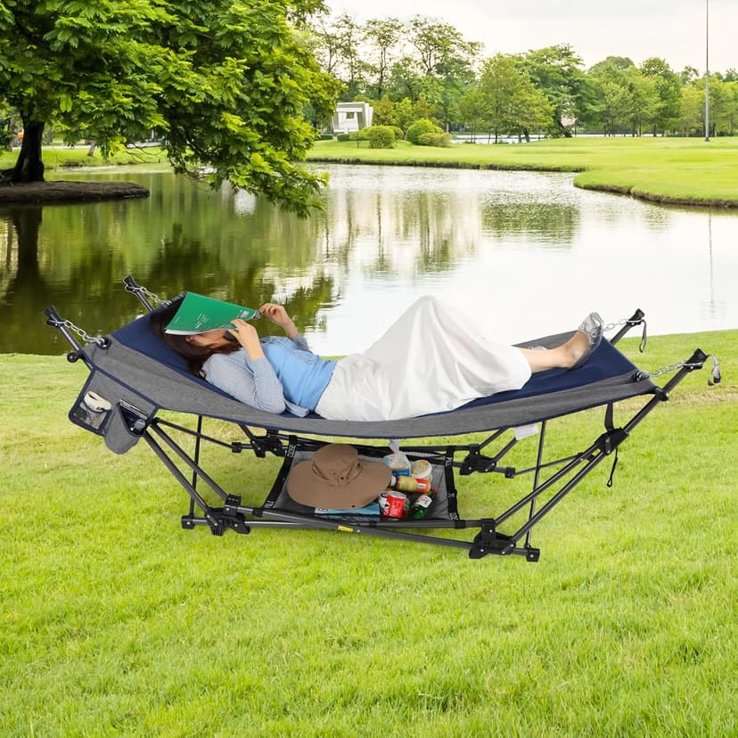 RedSwing Portable Folding Hammock with Stand,Foldable Camping Hammock with Removable Pillow,Storage Net,Foldable Lounge Camping Bed for Adults for Outdoor,Backyard,Beach,Garden,Lawn
