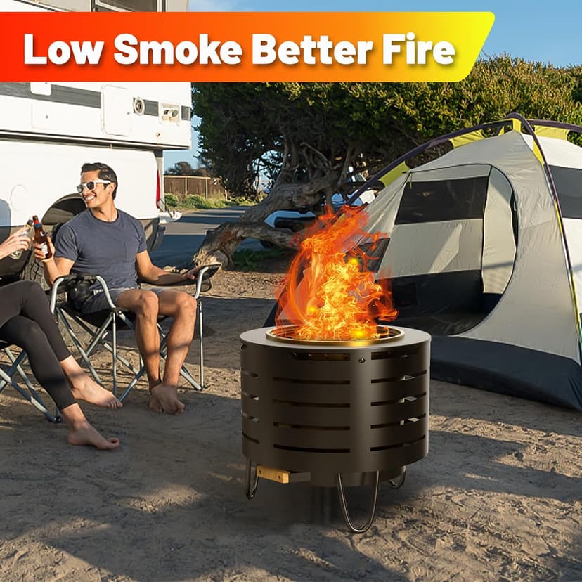 Low Smoke Fire Pit, 19 Inch Stainless Steel Portable Fire Pit for Wood Burning, Outdoor Fire Pit Perfect for Camping or Backyard, Includes Fire Poker, Stand, Cloth Cover and Grill Rack