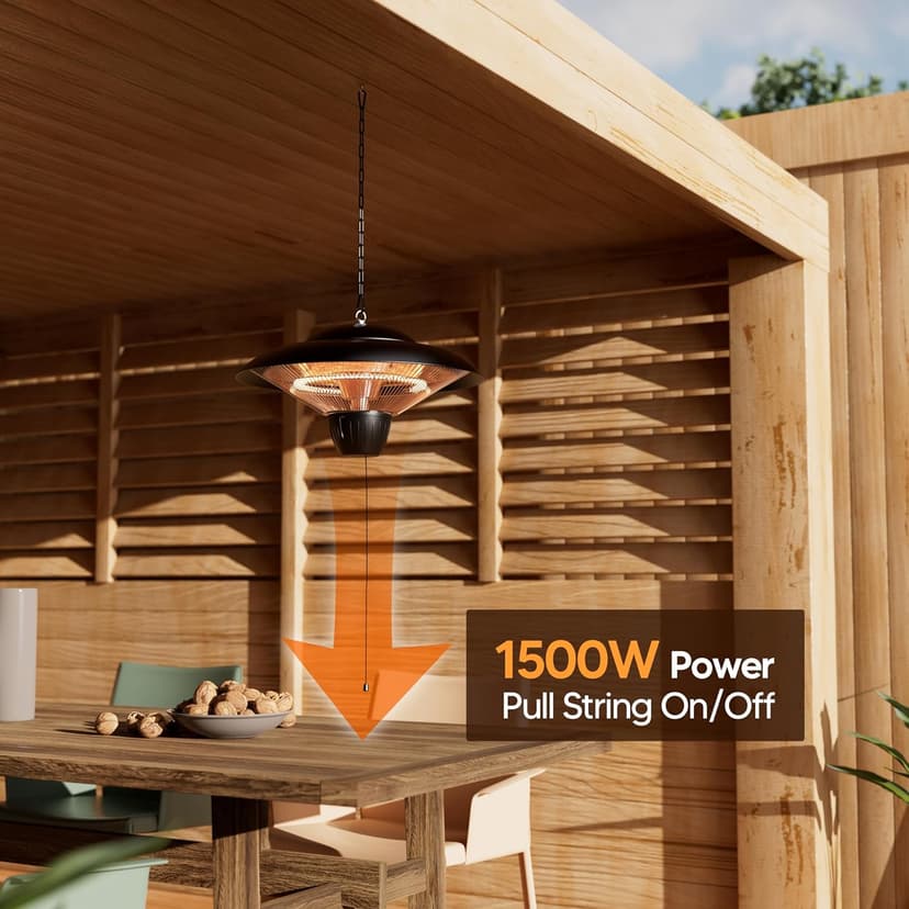 Outdoor Patio Heater, 1500W Electric Hanging Ceiling Mounted Heater for Balcony, Infrared Heater for Courtyard, Garage, Overheat Tip-Over Protection, Waterproof, Adjustable Height, Black