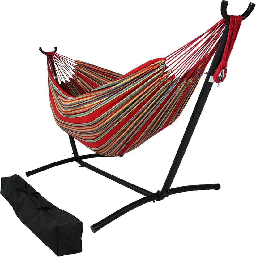 Sunnydaze Double Brazilian Hammock with Stand and Carrying Case - 400-Pound Capacity - Black Stand - Sunset