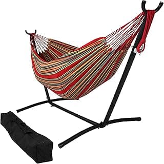 Sunnydaze Double Brazilian Hammock with Stand and Carrying Case - 400-Pound Capacity - Black Stand - Sunset