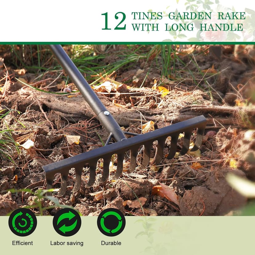 Garden Rake Heavy Duty, 74 Inch Metal Rake with 12 Tines, Bow Rake with Long Handle for Loosening Soil Leveling Lawn Farming Land, Black