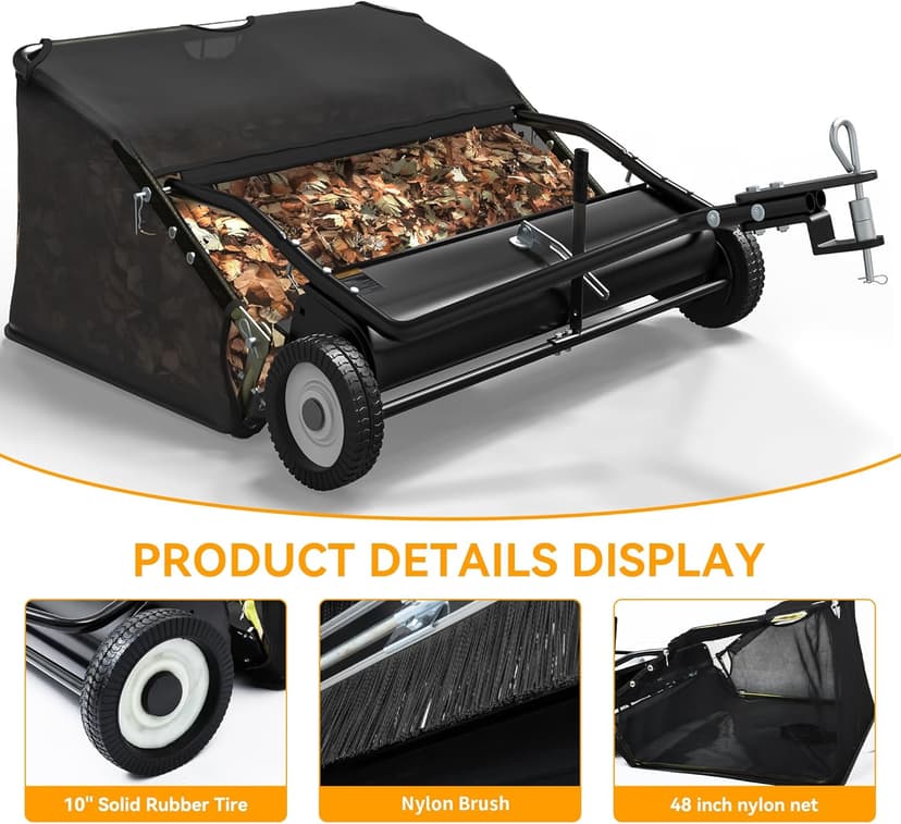YINTATECH 48" Lawn Sweeper, Tow Behind Leaf Collector, Pine Needle, Pine Cone, Grass Sweeper,Black