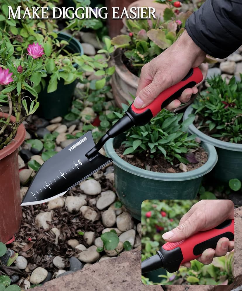 Stainless Steel Garden Hand Tools - Heavy-Duty Garden Planting Trowel, Weeding Shovel - Red Handle