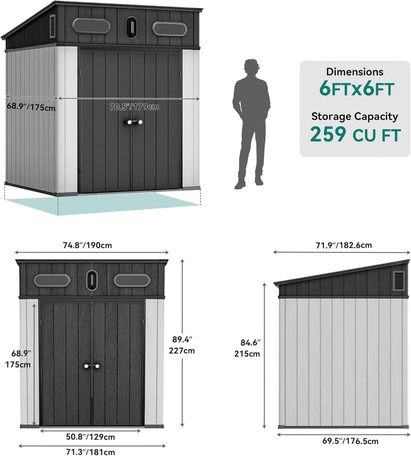 YITAHOME 6x6 FT Outdoor Storage Shed, All-Weather Resin Garden Shed with Windows, Vents and Lockable Double Doors for Garden Tools, Bikes, and Sundries, Waterproof, Gray