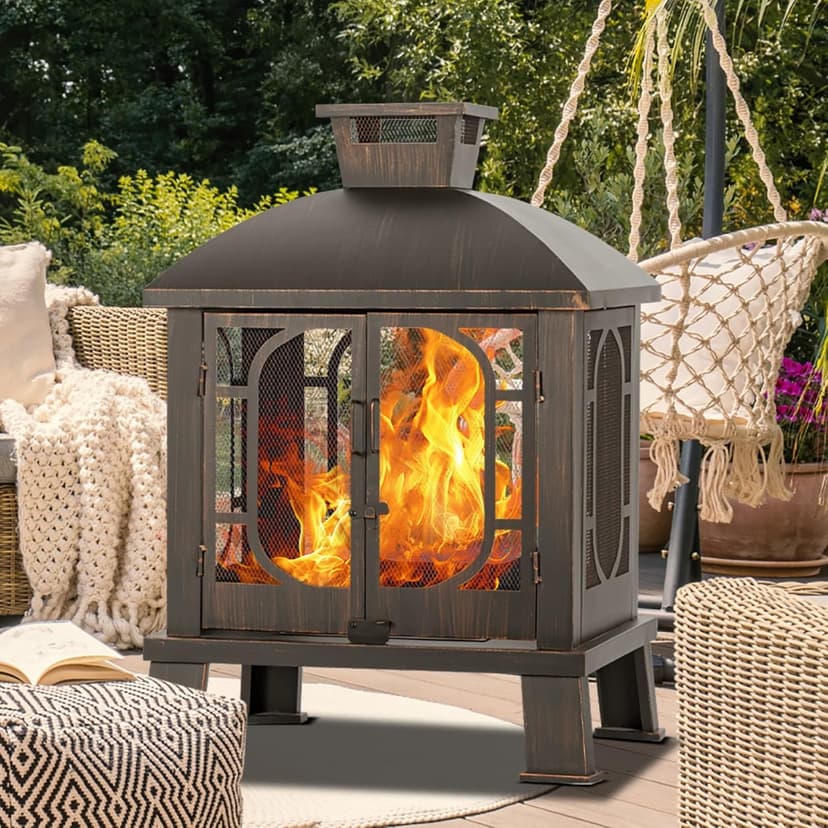 45" H×31''W Metal Chiminea Fire Pit with Grill, Wood Burning Fire Pits for Outside,Square Chimineas Fireplace with Mesh Spark Screen Door& Fire Poker for Garden,Yard,BBQ,Bonfire