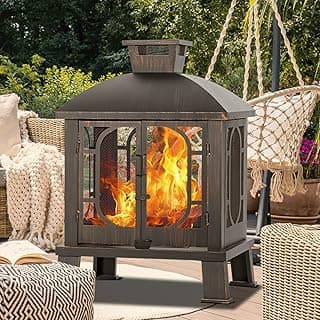 45" H×31''W Metal Chiminea Fire Pit with Grill, Wood Burning Fire Pits for Outside,Square Chimineas Fireplace with Mesh Spark Screen Door& Fire Poker for Garden,Yard,BBQ,Bonfire