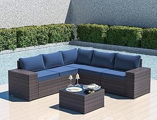 Outdoor Patio Furniture Set, 6 Pieces Outdoor Sectional Furniture High Backrest Patio Sofa, All-Weather PE Rattan Patio Conversation Set with Coffee Table & Cushions(Dark Blue).