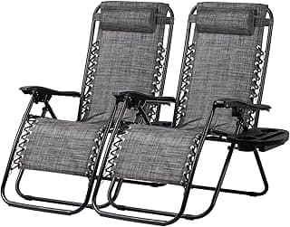 Nazhura Set of 2 Relaxing Recliners Patio Chairs Adjustable Steel Mesh Zero Gravity Lounge Chair Beach Chairs with Pillow and Cup Holder(Grey)