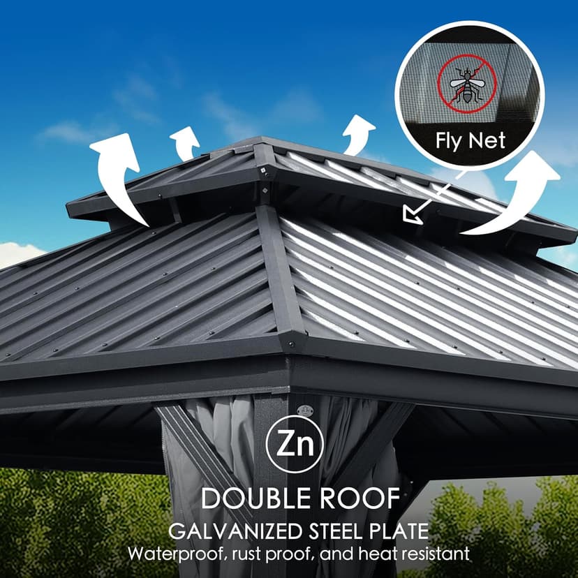 Kozyard Caesar 10'x12' Hardtop Gazebo - Permanent Metal Pavilion with Netting Shaded Curtains for Patio, Backyard, and Deck - Galvanized Steel Outdoor Aluminum Canopy, Double Roof Gazebo (Grey)