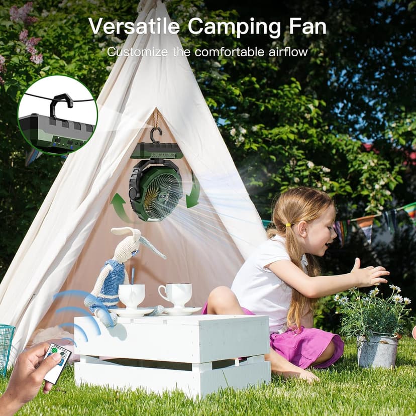 FRIZCOL 3-in-1 Camping Fan - Portable Fans Rechargeable - 24000mAh 9-Inch Battery Powered Fan(140Hrs) with Light & Remote for Indoor, Outdoor, Tent, Travel, BBQ, Fishing, Jobsite - Green