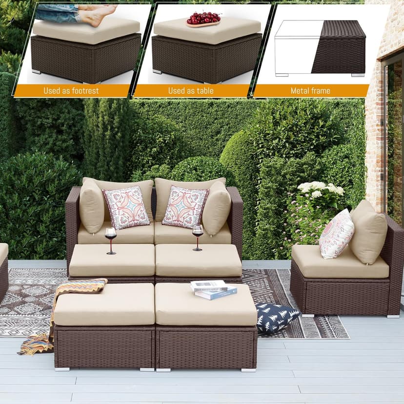 BULEXYARD 9 Piece Highback Patio Furniture Set with Fire Pit Table, Modern Modular Outdoor Sectional Couch Sofa with Ottoman, 8-Seater Backyard Seating for Exterior, Deck, Brown Wicker & Beige Cushion