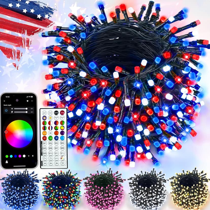 Red White and Blue String Lights, Color Changing Smart RGB Christmas Lights with Remote & App Control & Timer, Music Sync Multiple Modes 66ft 200 LED Twinkle Light Indoor Outdoor for 4th of July Decor