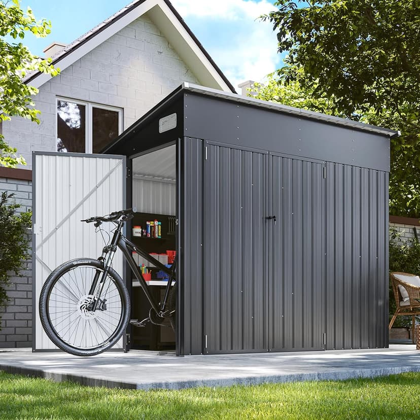 194 cu.ft Shed 7.3x5.3 Ft Premium Galvanized Steel Storage Sheds with Triple Doors Weatherproof Outdoor Utility Sheds, Dual Lock Lean to Shed for Mower, Bike, Generator, Garden Tools (Black)