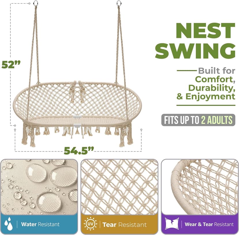 Sorbus Hammock Chair Macrame Hanging Swing Bench, Perfect for Indoor, Outdoor, Teens Girl Bedroom, Home, Room, Patio, Deck, Yard, Garden, Knitted Floating Swinging Bench, (Double Swing)
