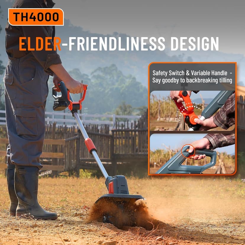 Cordless Tiller for Gardening 360 RPM Rototiller TH4000 Cultivator TaskStar Electric Garden Tiller Battery Powered Total 4000mAh,48 Heavy-Duty Steel Tines for Smooth Ground Breaking,Tending,Composting