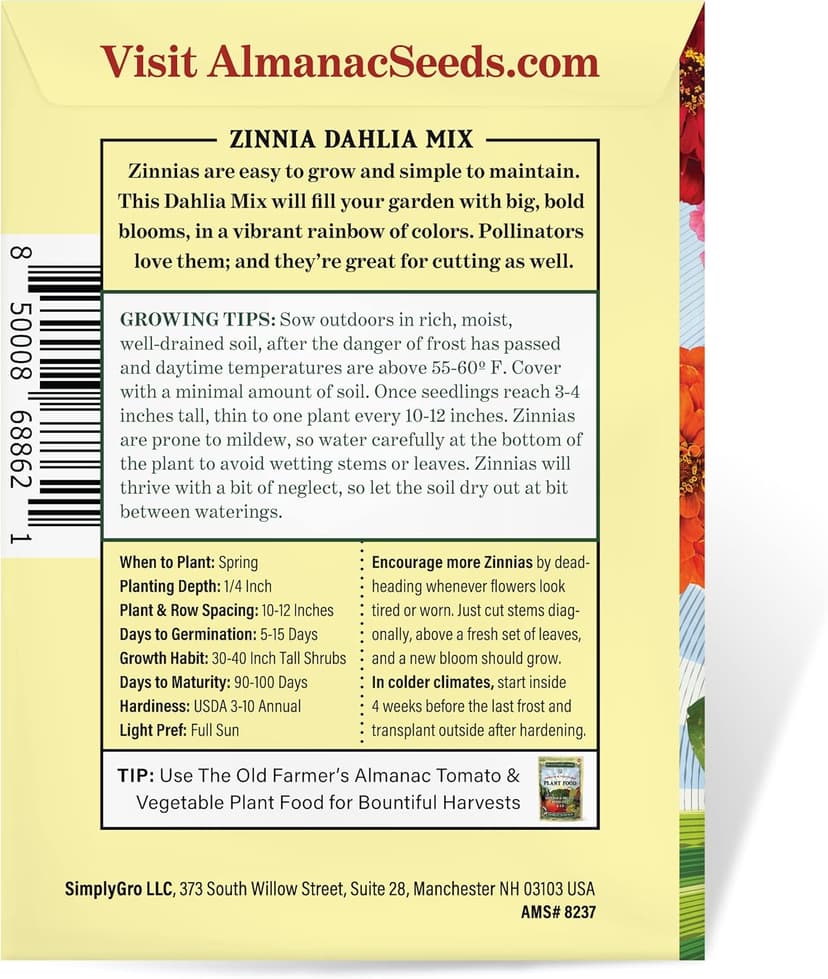 The Old Farmer's Almanac Zinnia Seeds (Dahlia Mix) - Approx 240 Flower Seeds - Non-GMO, Premium, Open Pollinated