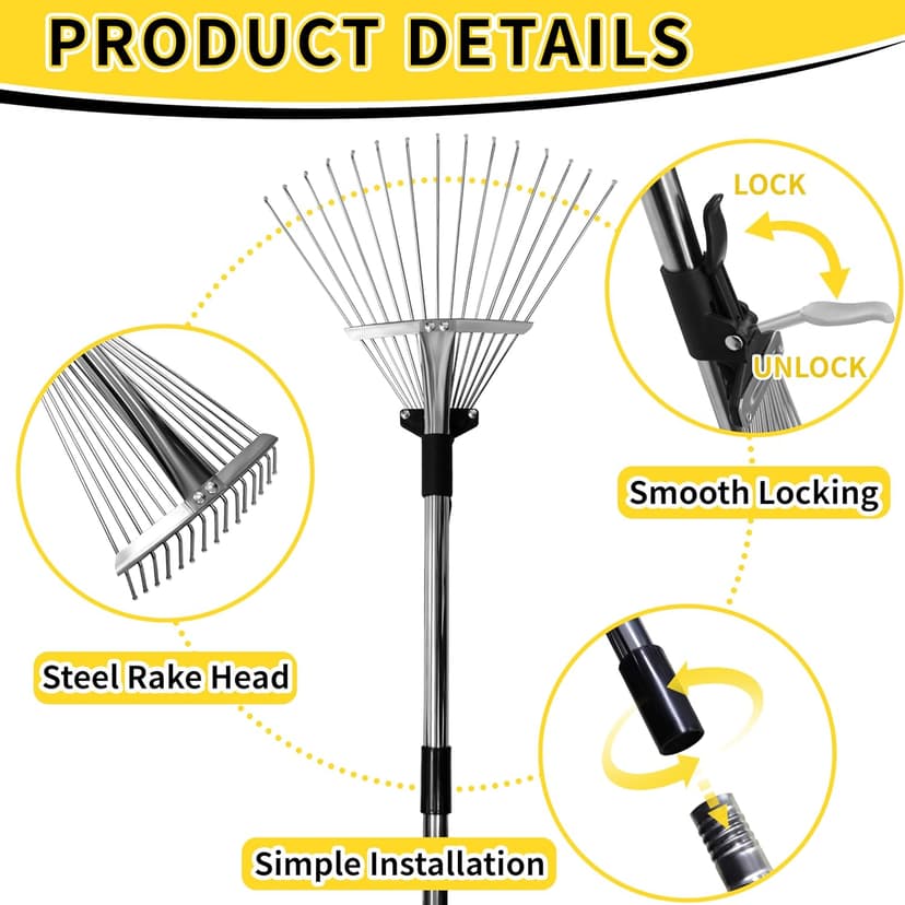 Garden Rake for Leaves,Heavy Duty Metal Adjustable Leaf Rake for Lawns,Long Handle 33"-69" with Expandable Head 8"-15",Garden Tools for Yard Lawn Shrub Garden Beds