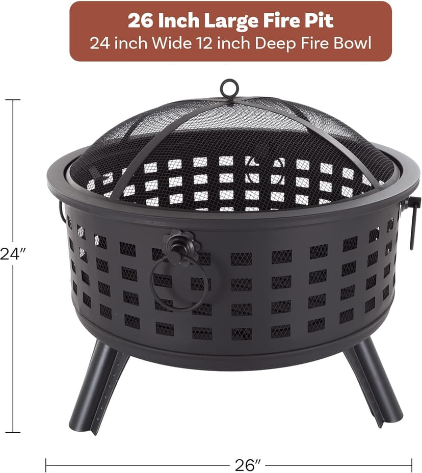 Outdoor Fire Pit - 26-Inch Round Lattice Wood Burning Firepit with Screen, Poker, Grate and Cover - Wood Fire Pits & Outdoor Fireplaces by Pure Garden