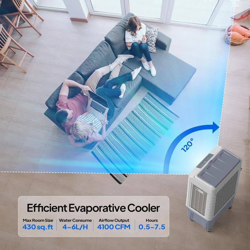 ROVSUN 4100CFM Portable Air Cooler, 13.2Gal/50L Evaporative Swamp Cooler, 3-IN-1 Cooling Fan with Remote Control, 3 Speeds, 7.5H Timer & 4 Ice Box, Humidifying Oscillating Fan for Indoor or Outdoor