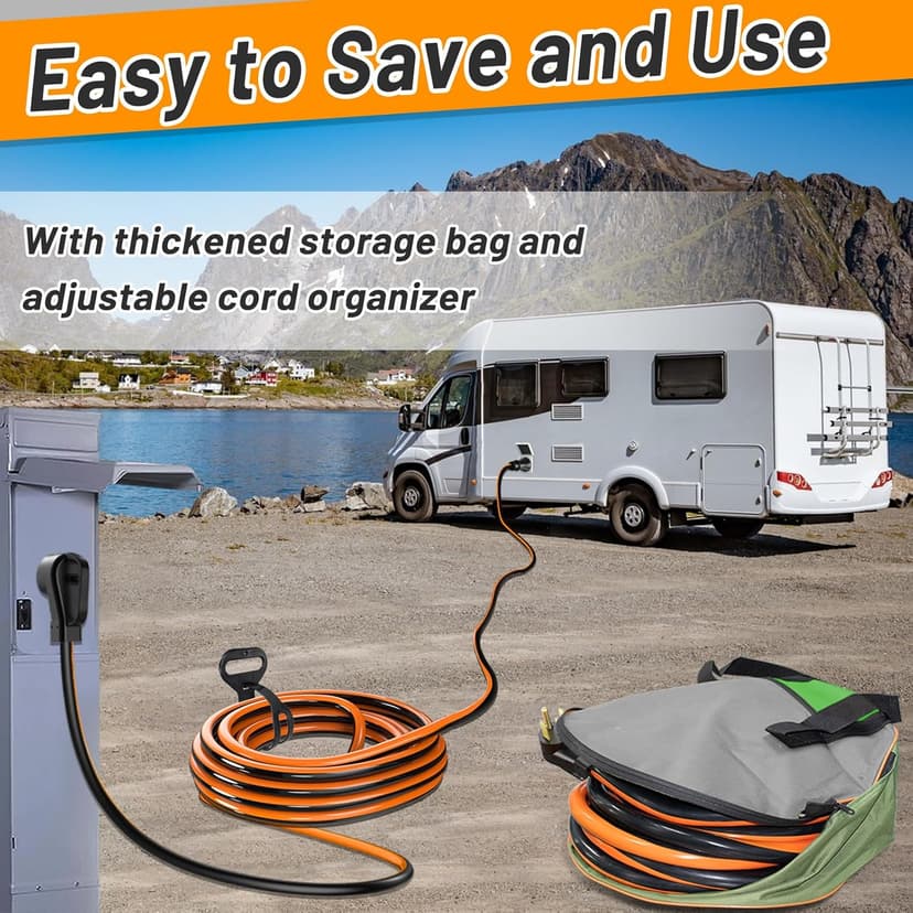 50 Amp 50 Foot RV Extension Cord, 14-50P to SS2-50R Heavy Duty STW Generator Extension Cord for RV Camper and Generator to House, with Locking Connector and Cord Organizer(50 Foot Black&Orange)