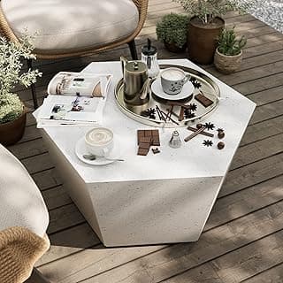 UPHA 28-inch Modern Outdoor Concrete Coffee Table Patio Hexagon Cement Accent Furniture Piece for Garden, Backyard, Balcony, and Living Room, Terrazzo White Texture