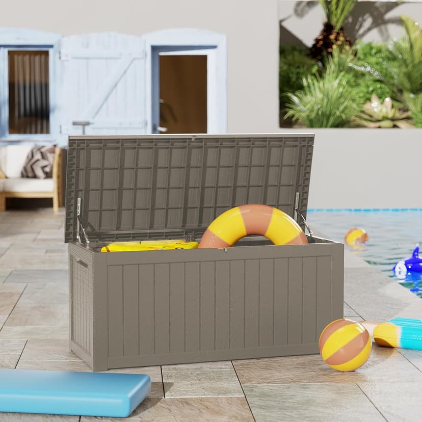 230 Gallon Lockable Resin Deck Box, Waterproof Outdoor Storage Box for Patio Furniture, Garden Tools, Pool Accessories, UV-Resistant Outside Delivery Brown