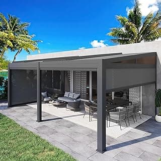 MELLCOM Louvered Pergola with Screen 12x20, Wall-Mounted Adjustable Pergola, Lean to Aluminum Gazebo with 4 Pull-Down Screen Sides and Adjustable Roof for Backyard, Dark Gray