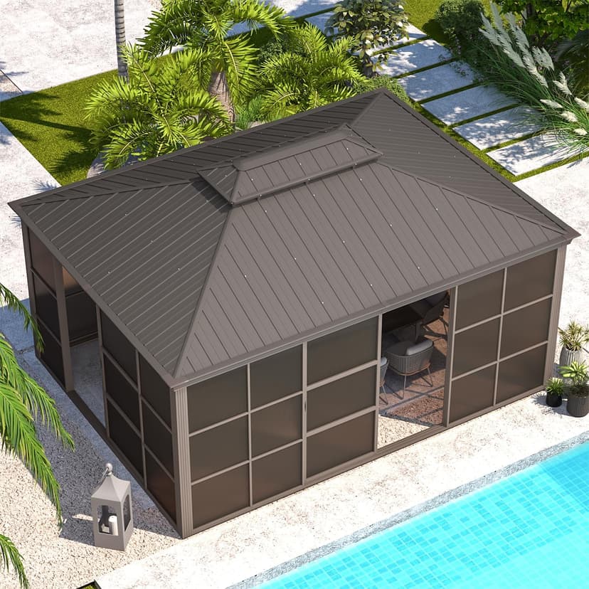 EROMMY 12' x 16' Sunroom, All-Season Gazebo Solarium with Sliding Doors, Lockable PC Screen Walls, Outdoor Permanent Sun Room with Galvanized Steel Roof, Aluminum Frame, for Garden, Patio, Deck