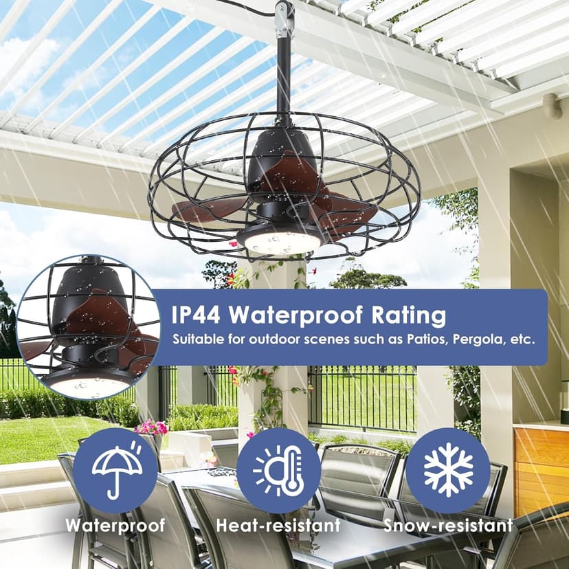 Outdoor Waterproof Ceiling Fan - 20" Caged Ceiling Fans with LED Lights, Reversible AC Motor, Low Profile Industrial Fan Light Fixture, Plug In with Hook Ceiling Fan for Outdoor Patios, Gazebo