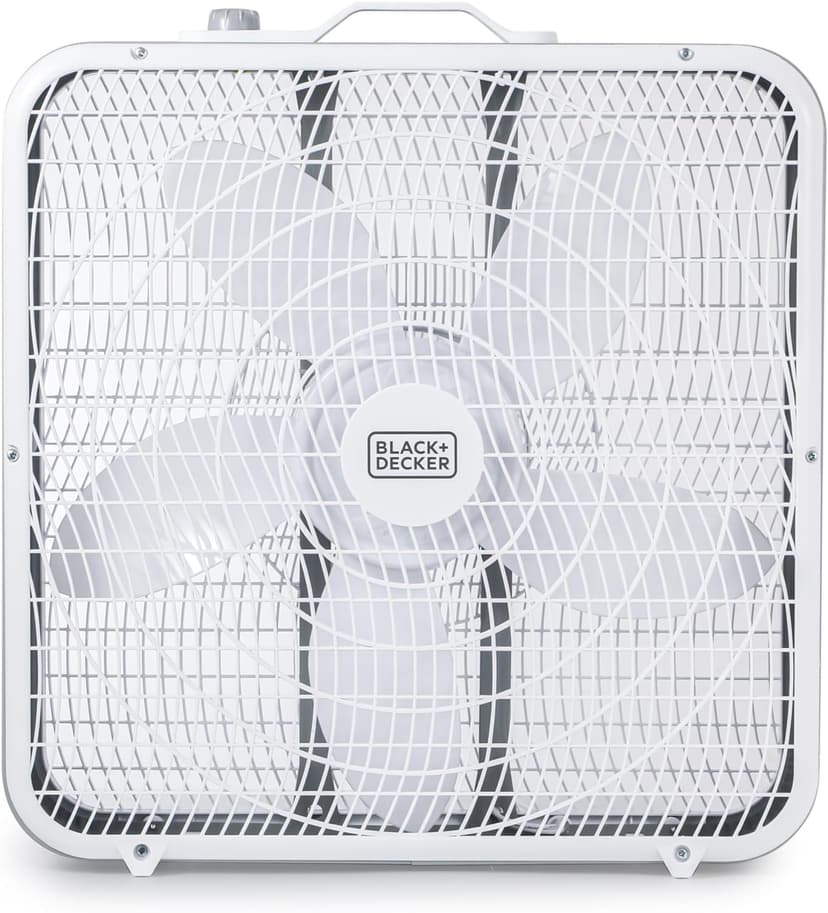 BLACK+DECKER Box Fan with 3 Speed Settings, 20” Box Fan with Carrying Handle, Rotary Knob and Recessed Cord Storage, Portable Fan and Cooling Fan for Home, Office, Garage, Basement & More