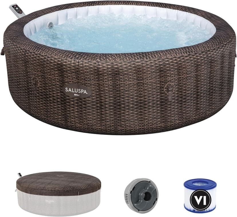 Bestway SaluSpa Bali Smart AirJet Inflatable Hot Tub Round Portable 5-7 Person Spa with 180 AirJets, App Control and EnergySense Cover, Brown Rattan