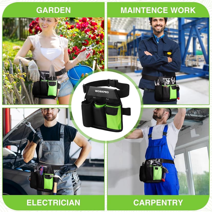 WORKPRO 2-Piece Pruning Shears and Garden Tool Belt Set, Gardening Belt with 5 Pockets and Adjustable Waist Belt, 8" Bypass Garden Shears and 8'' Handing Pruner with Steel Straight Blade
