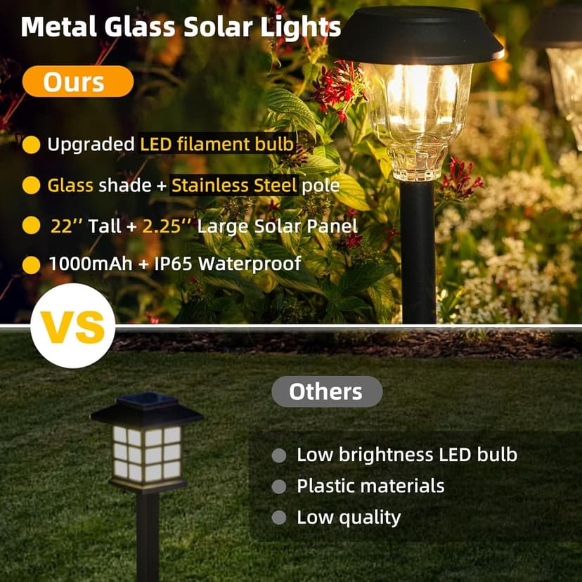 Solar Lights Outdoor, 6 Pack Solar Pathway Lights Waterproof, Metal Glass Outdoor Solar Lights, Auto On/Off Solar Outdoor Lights for Garden Yard Path Walkway Driveway
