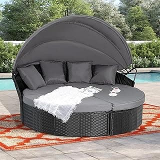 SUNCROWN Outdoor Patio Round Daybed with Retractable Canopy, Black Wicker Furniture Clamshell Sectional Seating with Cushions, Backyard，Black
