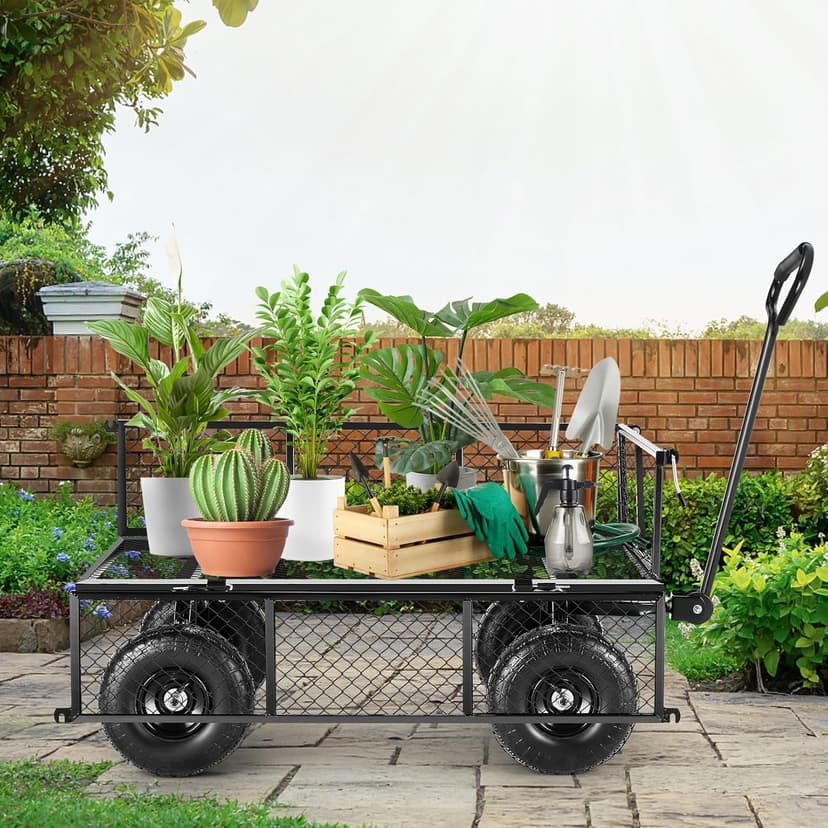 Homdox Steel Garden Cart 680 lbs Capacity Heavy Duty Garden Wagons,with Removable Steel Mesh Sides to Convert into Flatbed,Utility Metal Wagon w/ 180°Rotating Handle (Black, 680lbs)