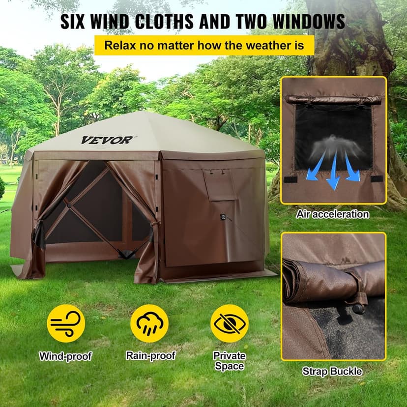 VEVOR Pop Up Gazebo Screen Tent 12 x 12 Ft, 6-Sided Camping Gazebo Instant Canopy Sun Shelter with 6 Removable Privacy Wind Cloths, Mosquito Netting, 300D Oxford Cloth for Patio, Backyard, Lawn